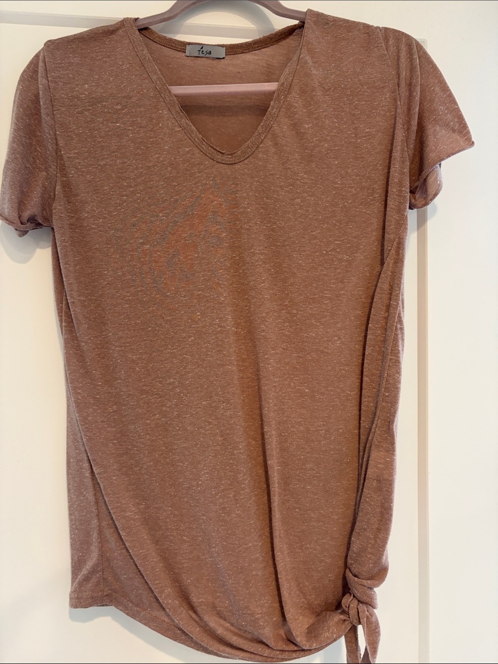 Tula Women's Brown Short Sleeve V-Neck Tee with Side Tie